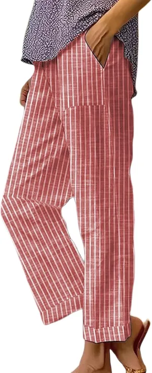 Wide Leg Trousers Women for Summer Vocation Trendy Striped High Waist Straight Leg Palazzo Trouser Jogger Pants Pockets