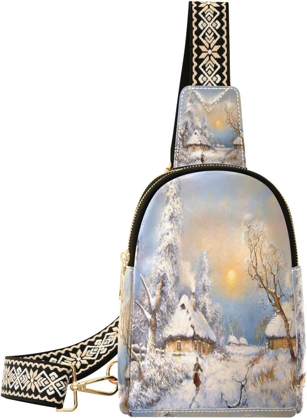 Winter Country Landscape Fanny Pack Crossbody PC Leather Small Sling Bag for Women Oil Painting Fashion Waist Packs Chest Bag for Travel Sports Running Hiking
