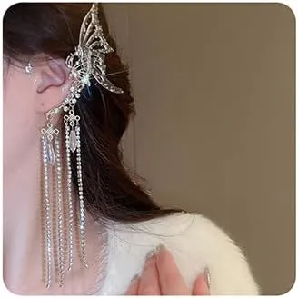 Wiwpar 2PCS Dainty Silver Crystal Butterfly Ear Cuffs No Piercing Butterfly Cartilage Wrap Earrings Rhinestone Long Tassel Goth Fairy Elf Ear Cuff Bridal Wedding Climber Halloween Accessories