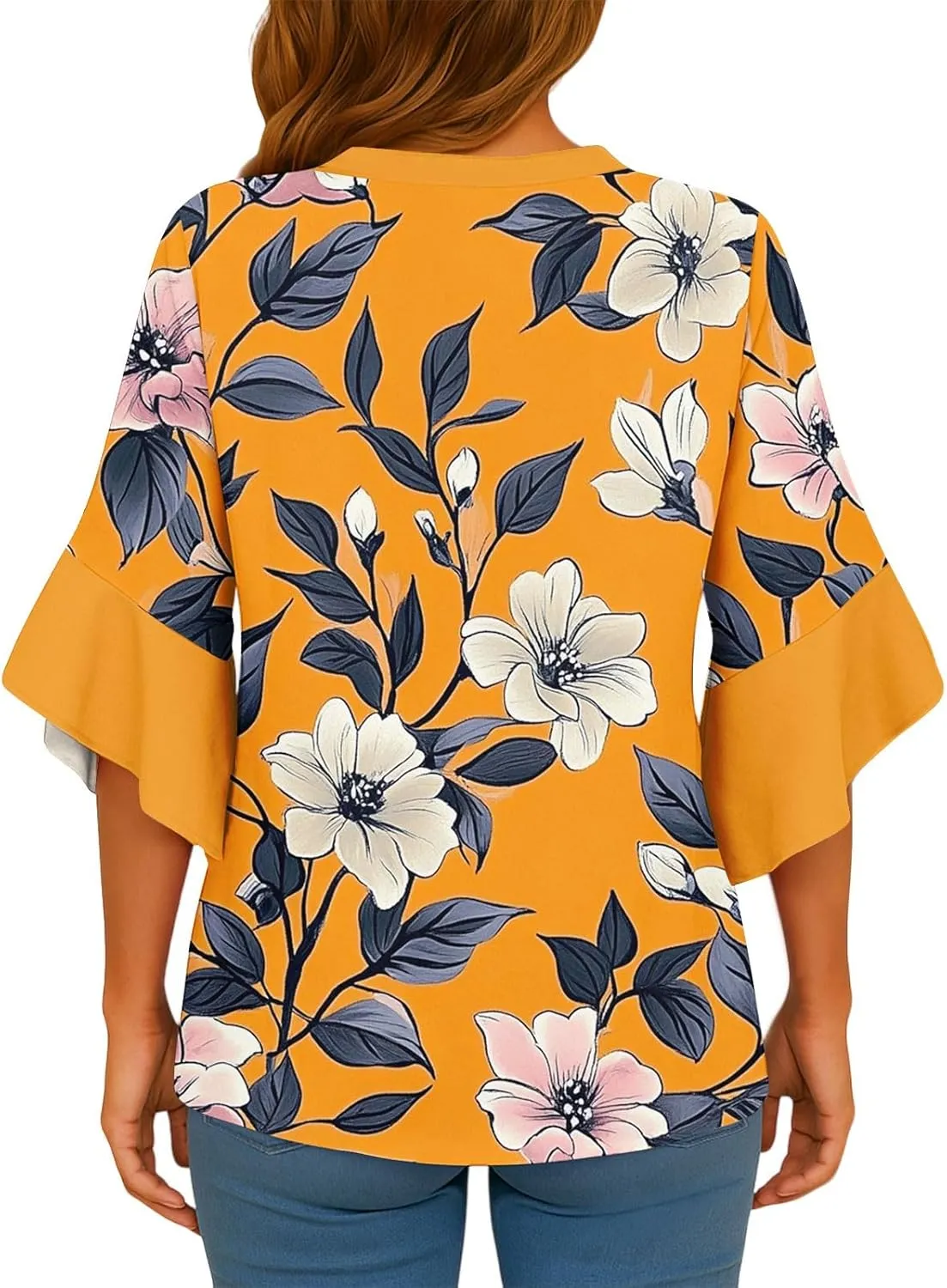 Women 3/4 Length Sleeve Tops Summer Blouses Dressy Casual V Neck Tshirts with Flared Sleeve Tee Shirts Trendy