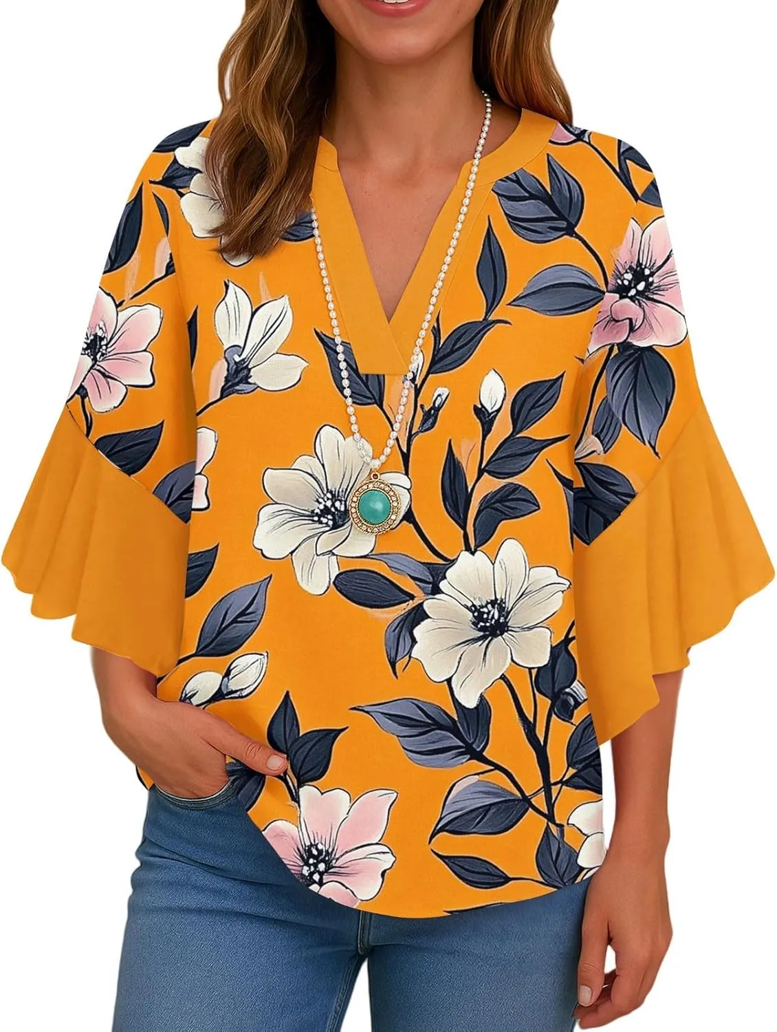 Women 3/4 Length Sleeve Tops Summer Blouses Dressy Casual V Neck Tshirts with Flared Sleeve Tee Shirts Trendy