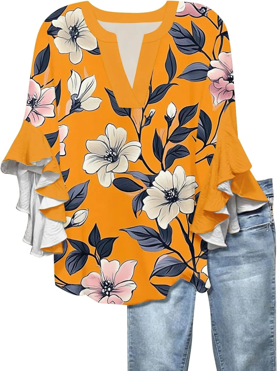 Women 3/4 Length Sleeve Tops Summer Blouses Dressy Casual V Neck Tshirts with Flared Sleeve Tee Shirts Trendy