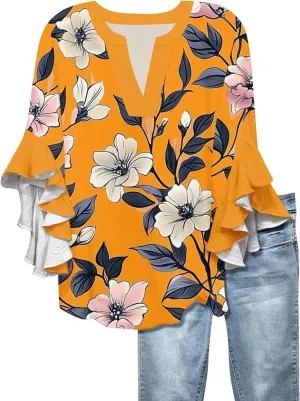 Women 3/4 Length Sleeve Tops Summer Blouses Dressy Casual V Neck Tshirts with Flared Sleeve Tee Shirts Trendy