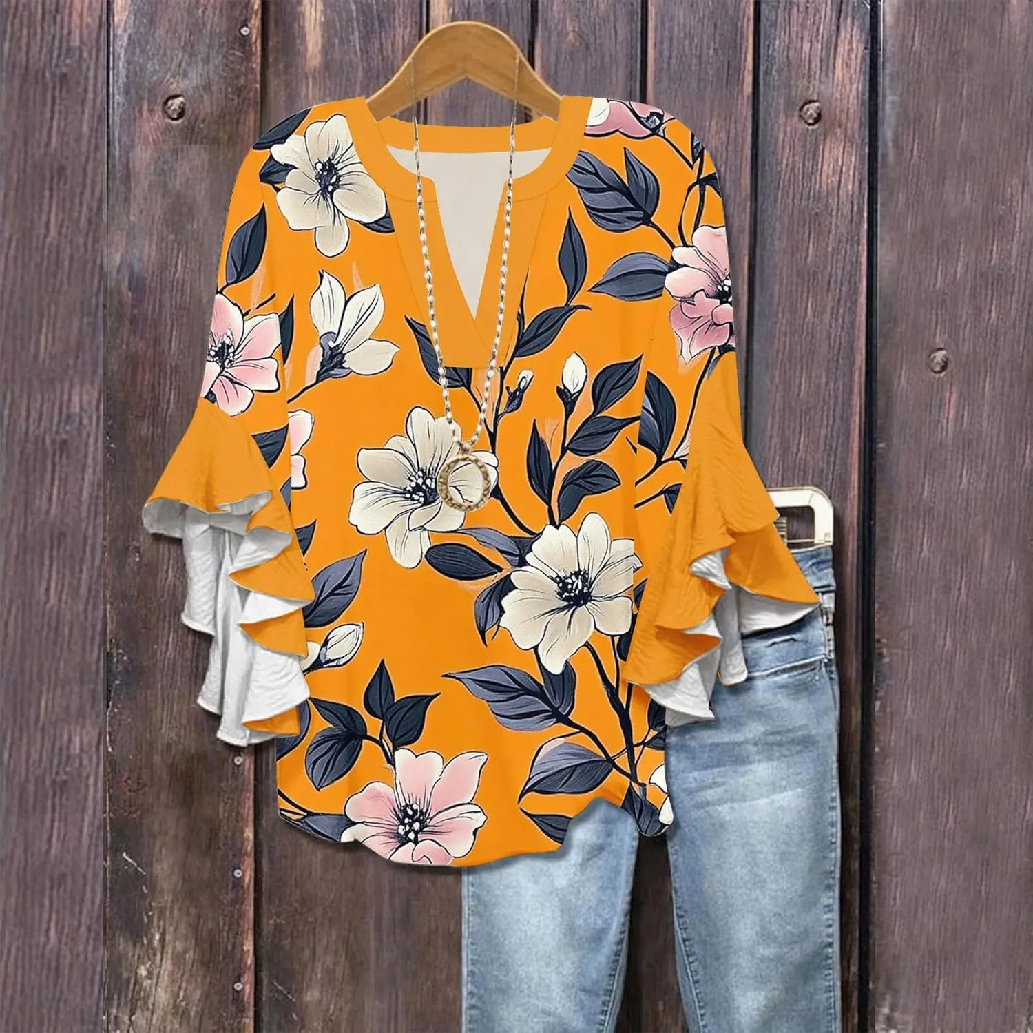 Women 3/4 Length Sleeve Tops Summer Blouses Dressy Casual V Neck Tshirts with Flared Sleeve Tee Shirts Trendy