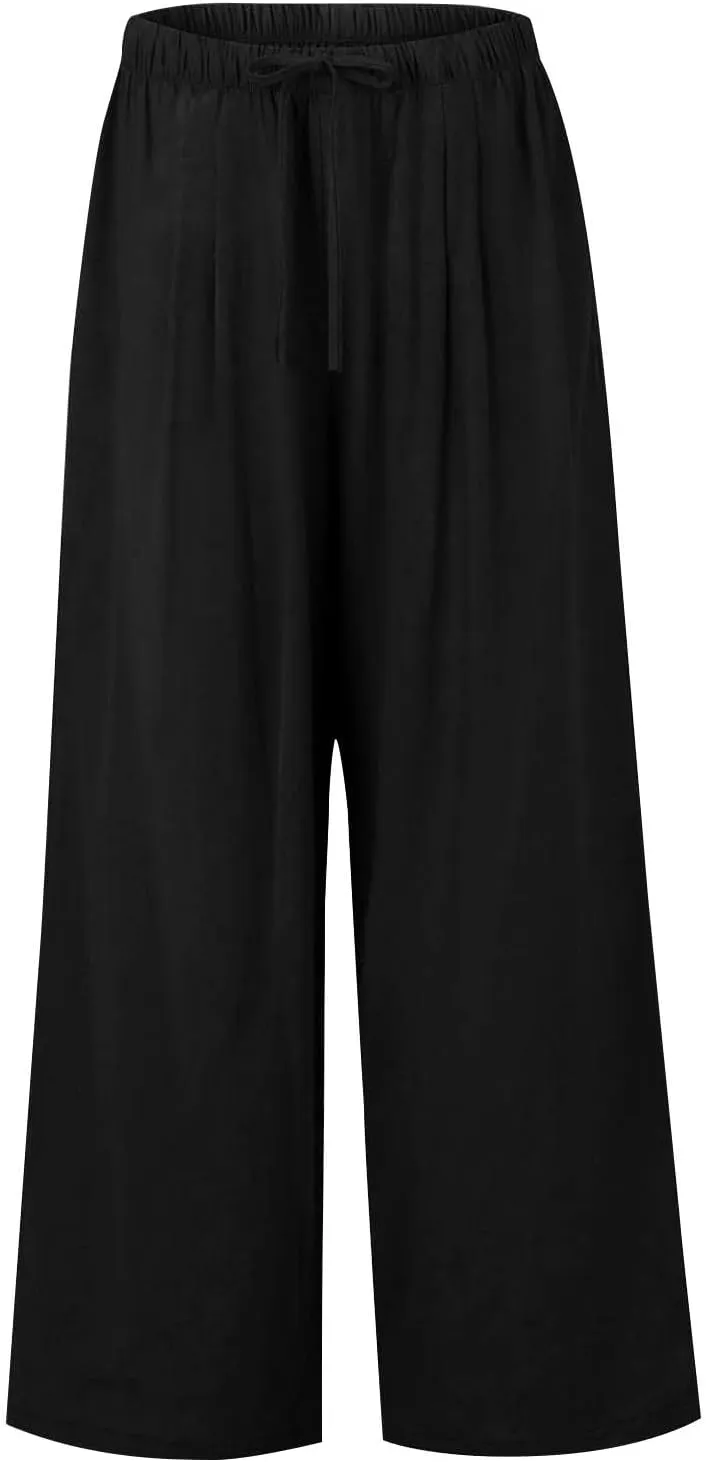 Women Casual Linen Pants Wide Leg Casual Palazzo Pants Cotton Linen Lounge Beach Summer Pants with Pockets