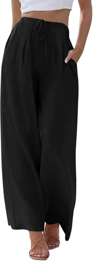 Women Casual Linen Pants Wide Leg Casual Palazzo Pants Cotton Linen Lounge Beach Summer Pants with Pockets