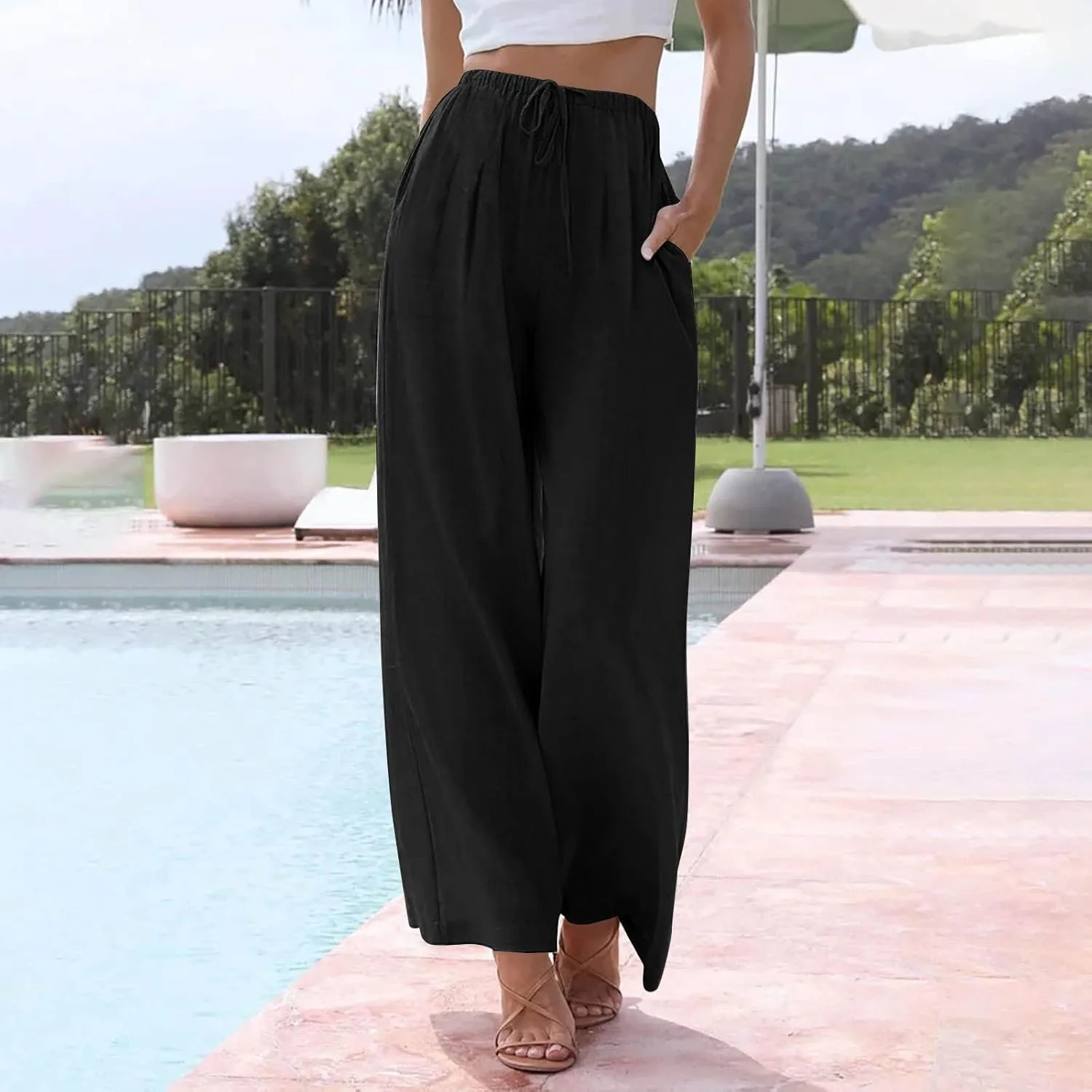 Women Casual Linen Pants Wide Leg Casual Palazzo Pants Cotton Linen Lounge Beach Summer Pants with Pockets