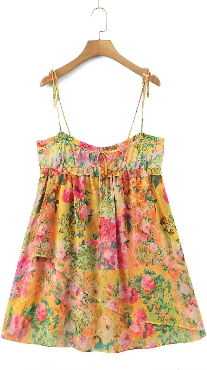 Women Corset Flower Print Spaghetti Strap Mini Dress Backless Skater Holiday Slip Dress