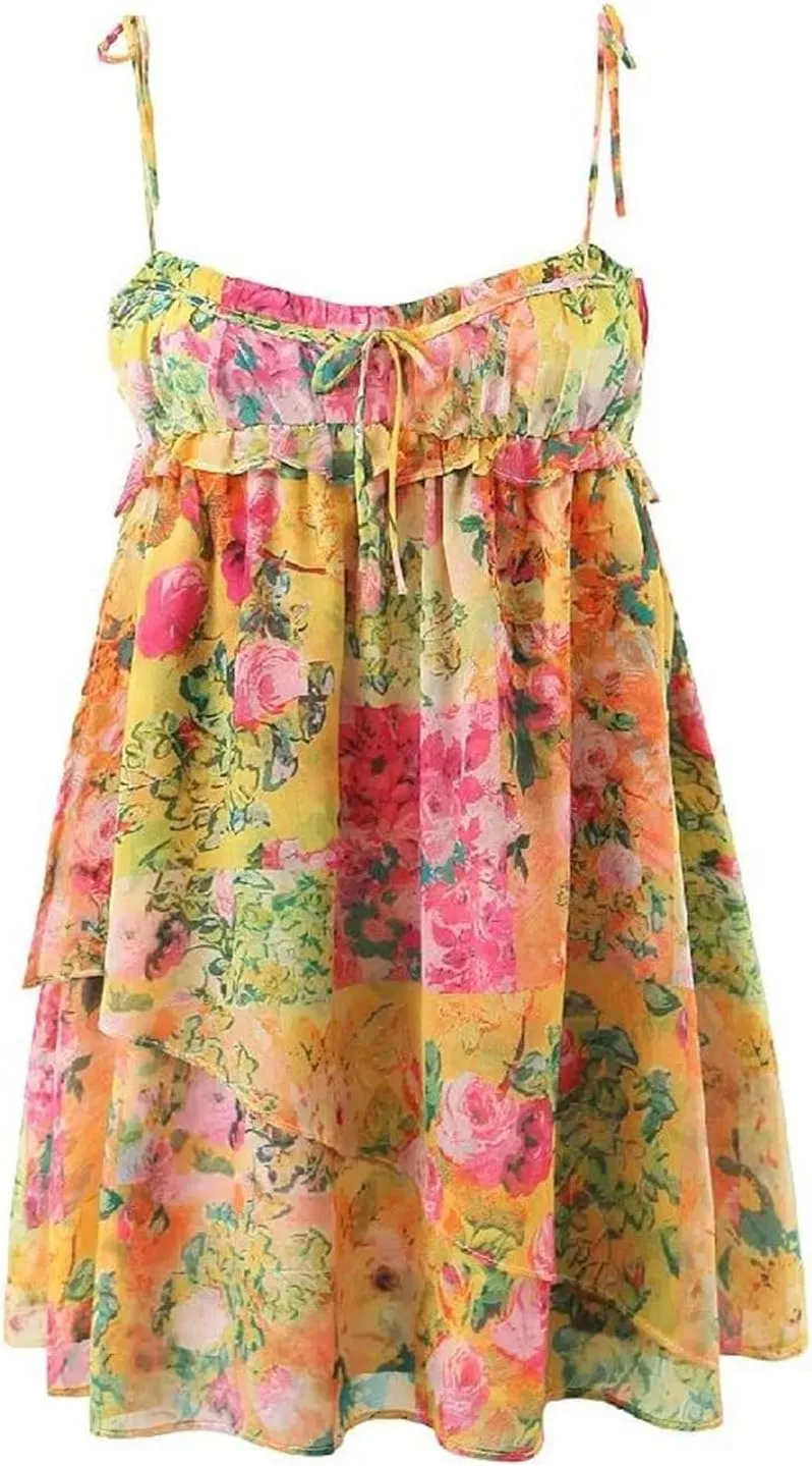Women Corset Flower Print Spaghetti Strap Mini Dress Backless Skater Holiday Slip Dress