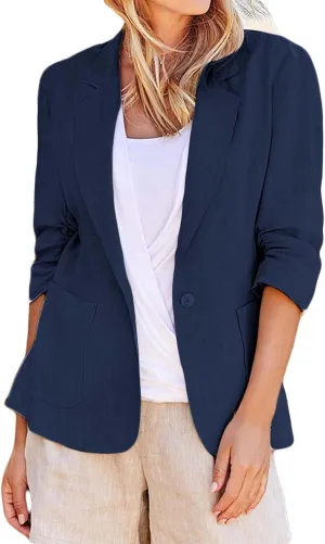 Women Cotton Linen Blazer Business Casual Lightweight One Button Work Suit Jacket Summer Trendy 2025