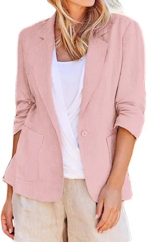 Women Cotton Linen Blazer Business Casual Lightweight One Button Work Suit Jacket Summer Trendy 2025