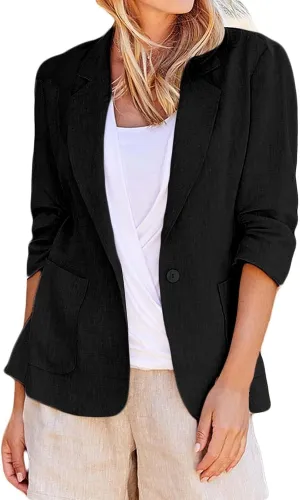 Women Cotton Linen Blazer Business Casual Lightweight One Button Work Suit Jacket Summer Trendy 2025