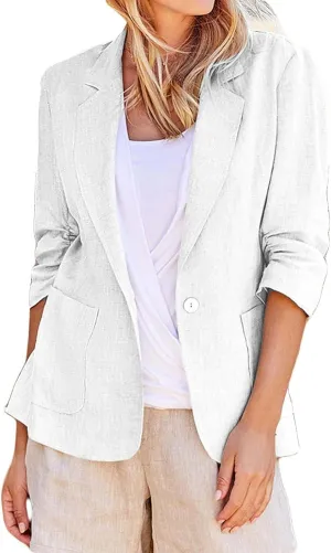 Women Cotton Linen Blazer Business Casual Lightweight One Button Work Suit Jacket Summer Trendy 2025