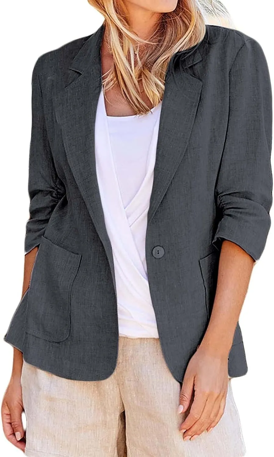 Women Cotton Linen Blazer Business Casual Lightweight One Button Work Suit Jacket Summer Trendy 2025