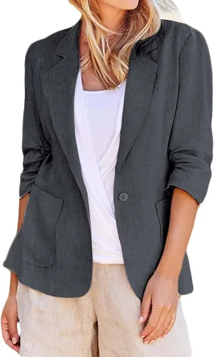 Women Cotton Linen Blazer Business Casual Lightweight One Button Work Suit Jacket Summer Trendy 2025