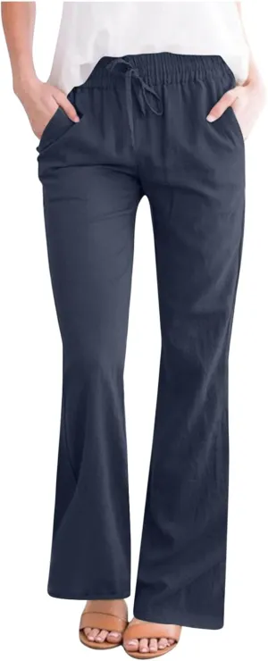 Women Cotton Linen Flare Pants Summer Drawstring Bootcut Trousers Boho Beach Lightweight Slacks Ladies Travel Clothes