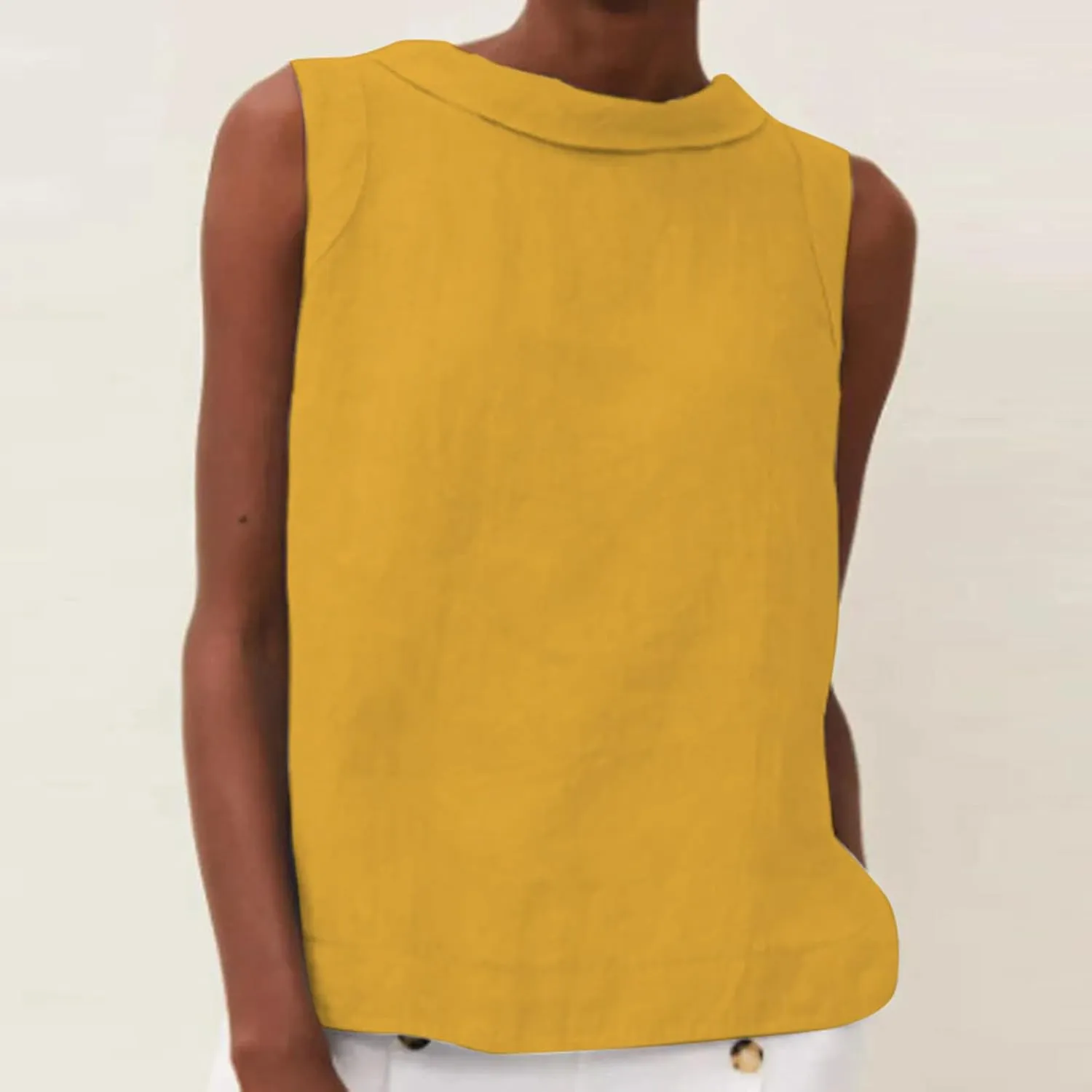 Women Cotton Linen Sleeveless Crop Tank Tops O Neck Shirt Casual Solid Color Loose Fit Comfy T-Shirt Blouse Vest