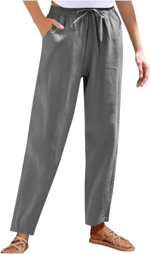 Women Cotton Linen Straight Leg Pants Elastic Drawstring Casual Jogger Trousers with Pockets Summer Beach Lounge Pants