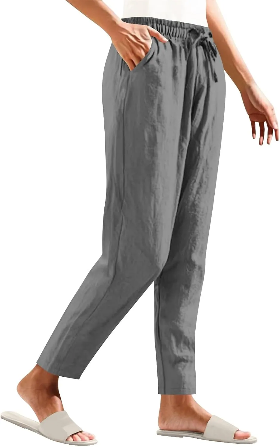 Women Cotton Linen Straight Leg Pants Elastic Drawstring Casual Jogger Trousers with Pockets Summer Beach Lounge Pants