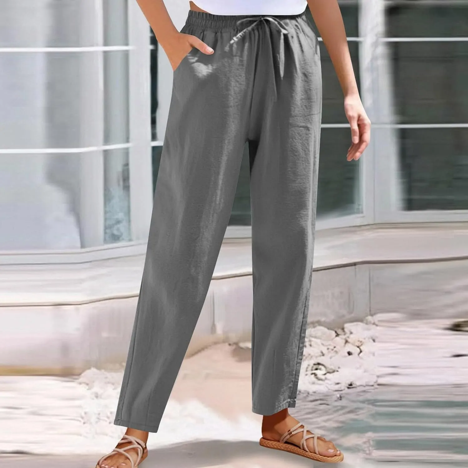 Women Cotton Linen Straight Leg Pants Elastic Drawstring Casual Jogger Trousers with Pockets Summer Beach Lounge Pants