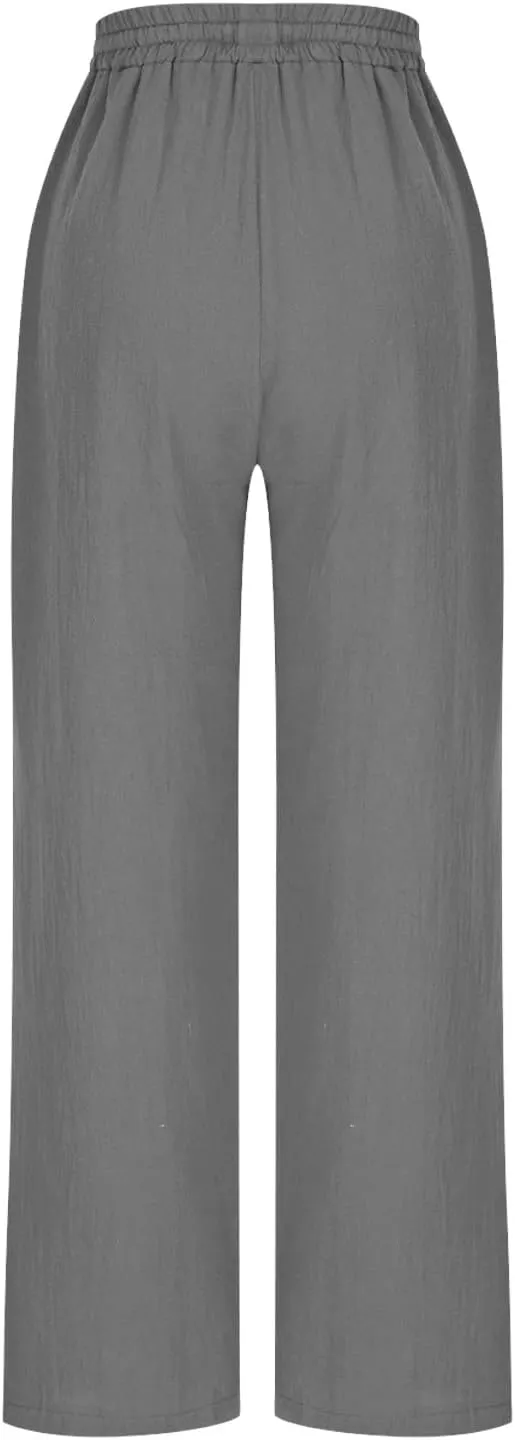 Women Cotton Linen Straight Leg Pants Elastic Drawstring Casual Jogger Trousers with Pockets Summer Beach Lounge Pants