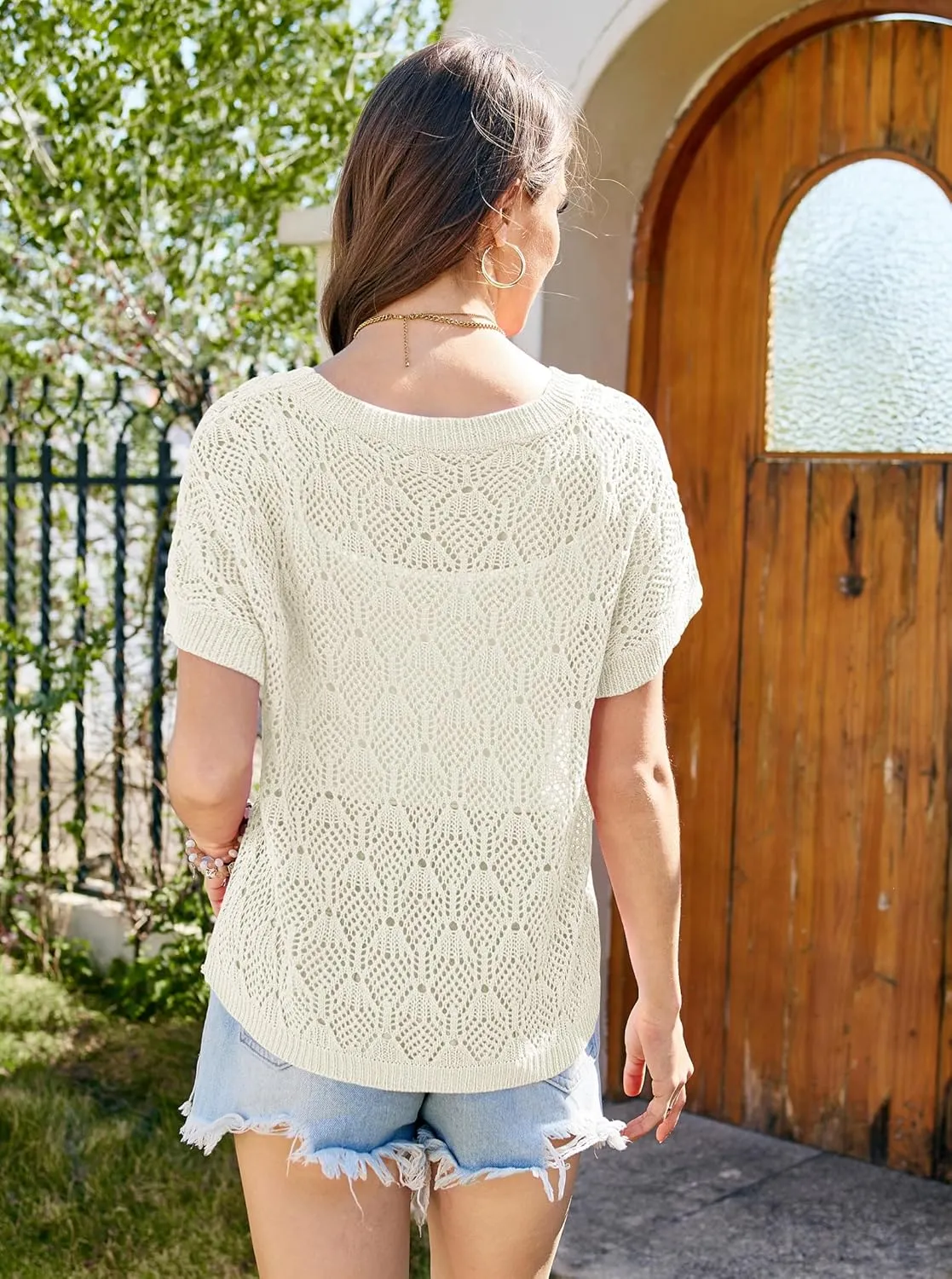 Women Crochet Sweater Cap Short Sleeve Summer Sweatwers Hollow Out See Through Knit Tops