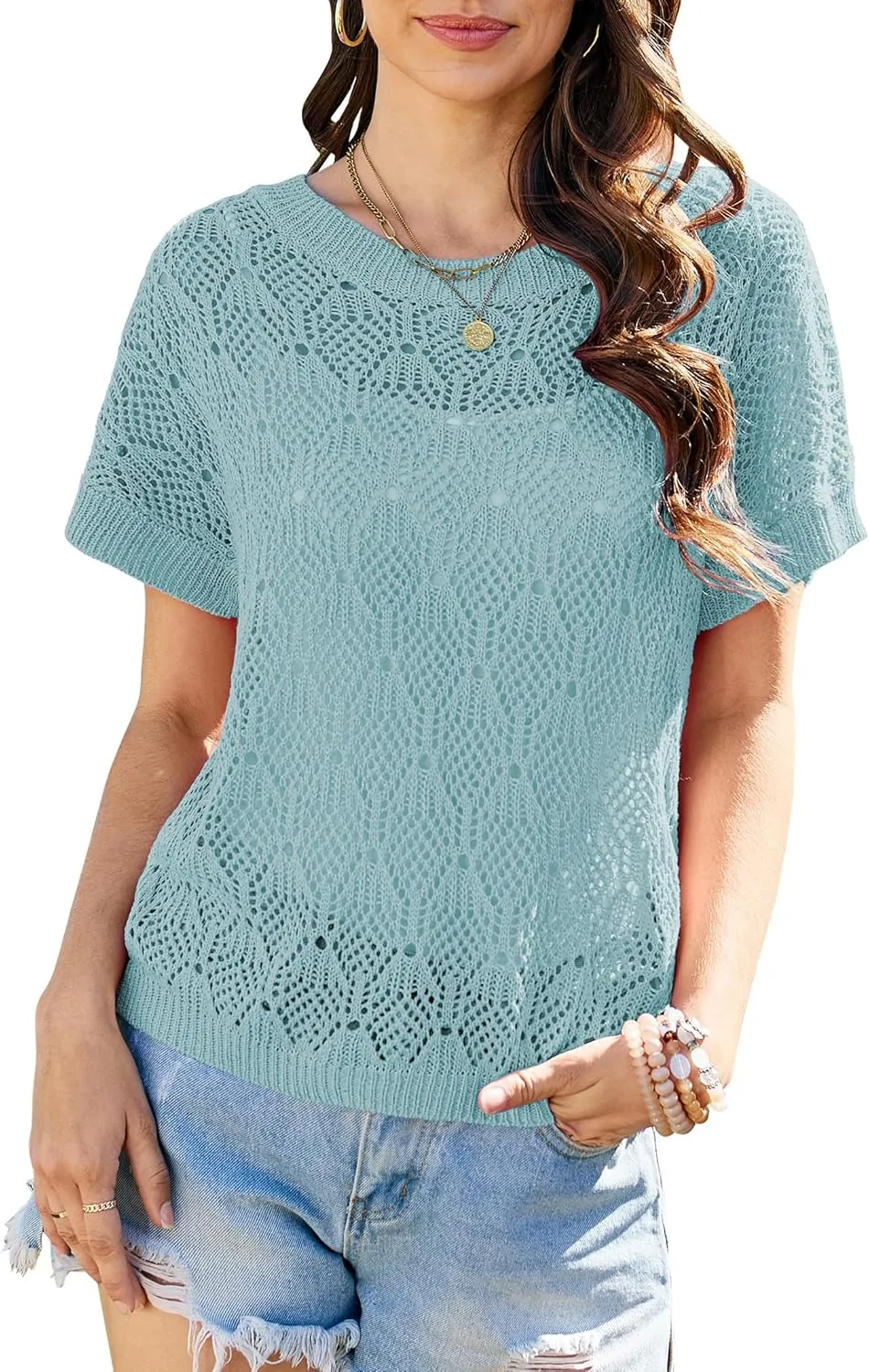 Women Crochet Sweater Cap Short Sleeve Summer Sweatwers Hollow Out See Through Knit Tops