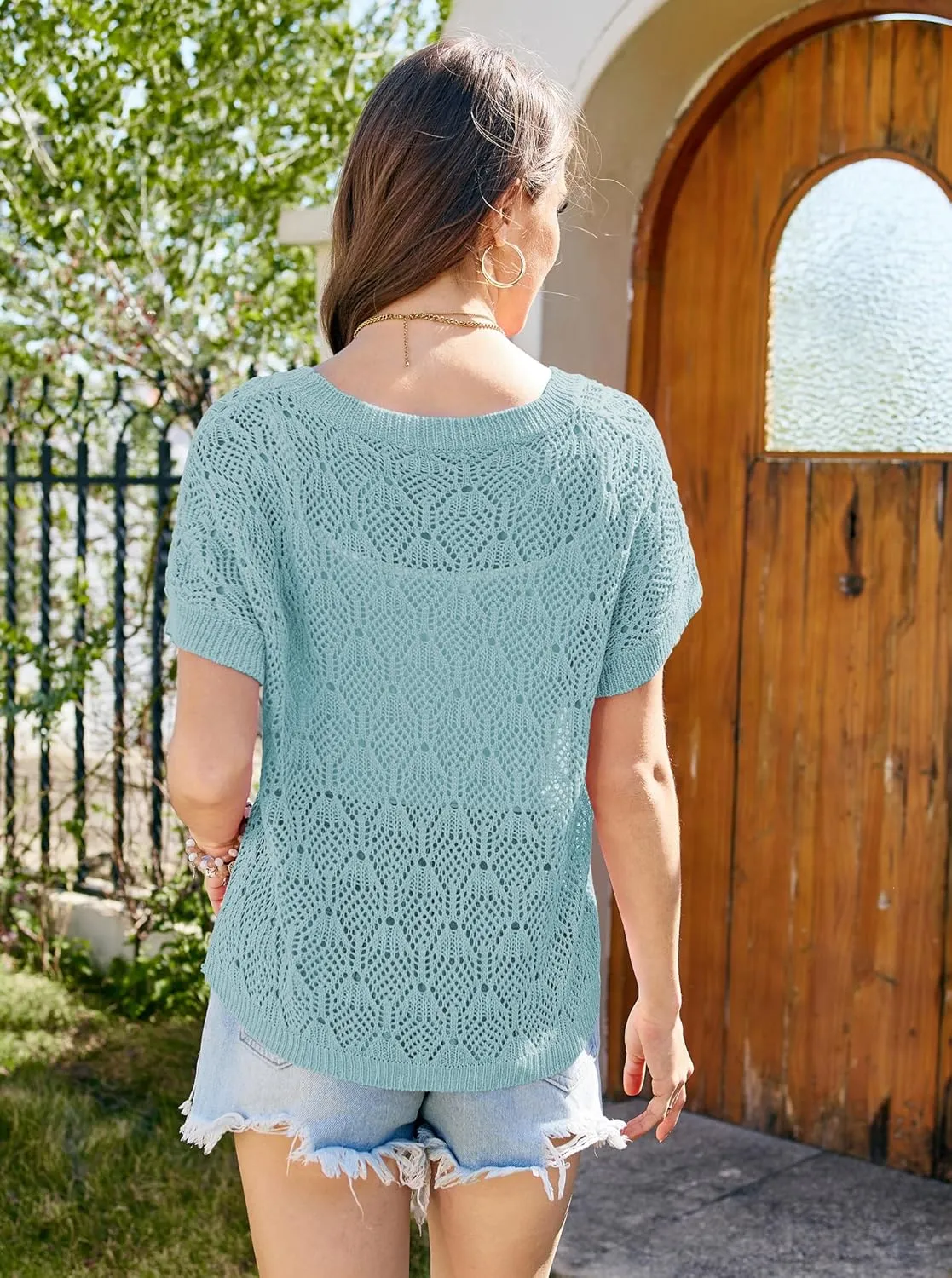 Women Crochet Sweater Cap Short Sleeve Summer Sweatwers Hollow Out See Through Knit Tops