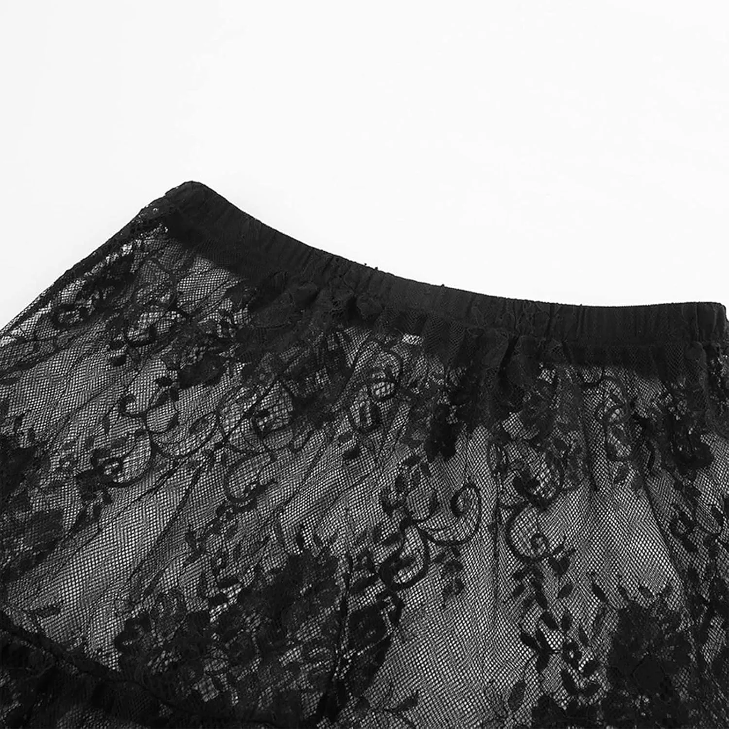 Women Floral Tassels Sheer Mesh Maxi Long Skirt High Elastic Waisted Skirt Summer Beach Bikini Cover Up Black