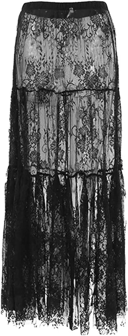 Women Floral Tassels Sheer Mesh Maxi Long Skirt High Elastic Waisted Skirt Summer Beach Bikini Cover Up Black