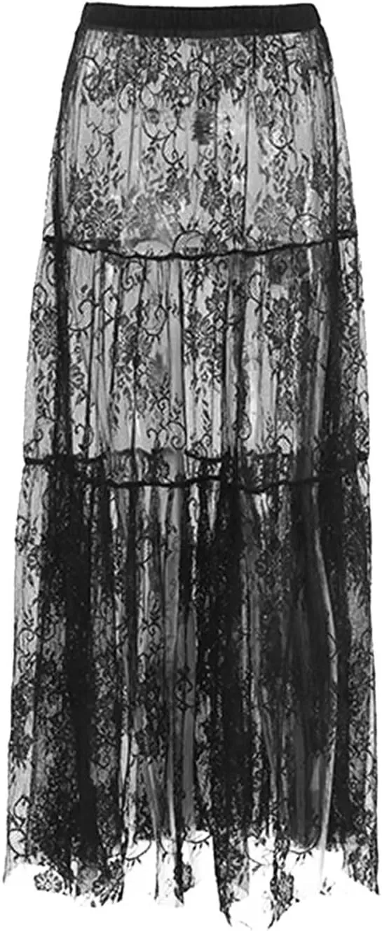 Women Floral Tassels Sheer Mesh Maxi Long Skirt High Elastic Waisted Skirt Summer Beach Bikini Cover Up Black