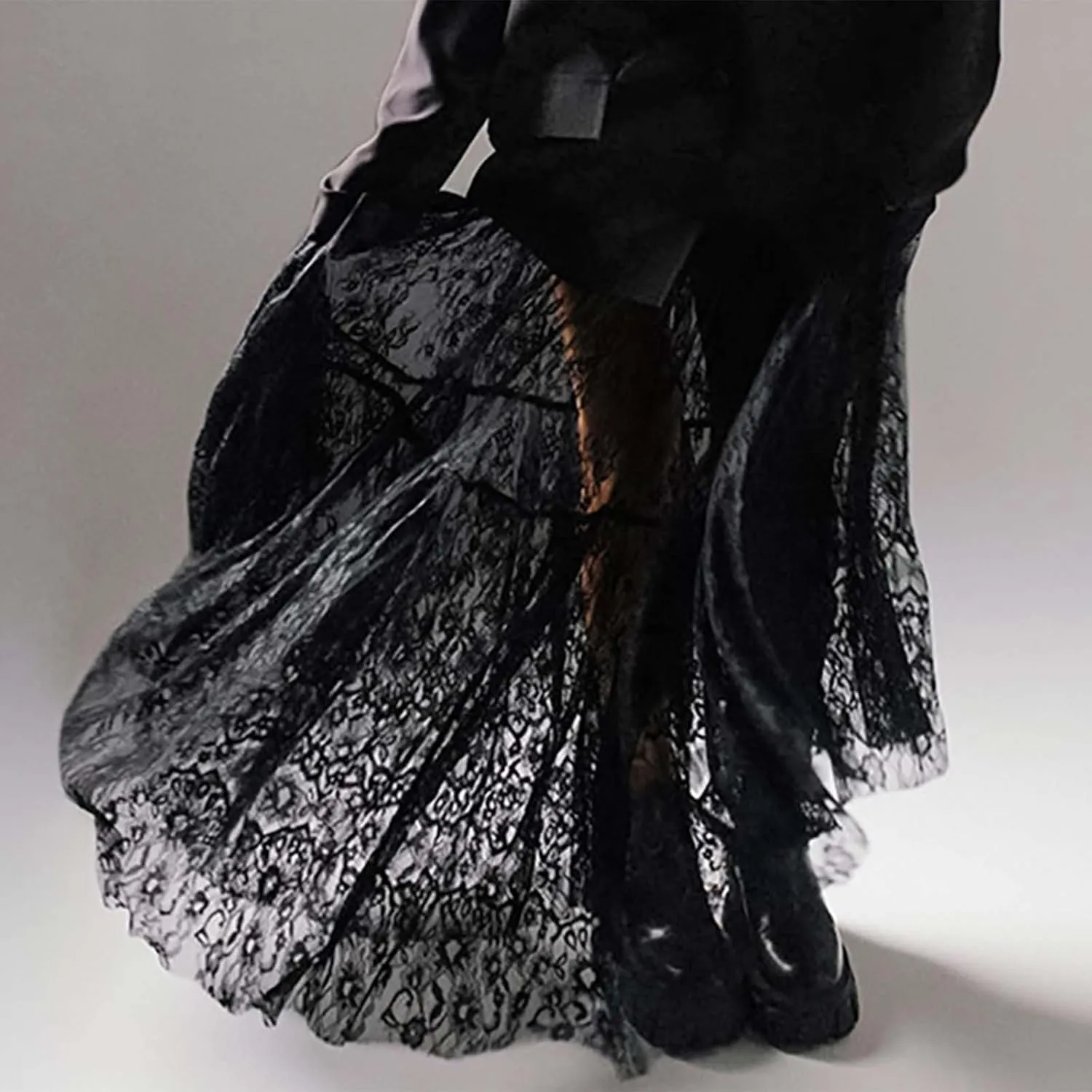 Women Floral Tassels Sheer Mesh Maxi Long Skirt High Elastic Waisted Skirt Summer Beach Bikini Cover Up Black