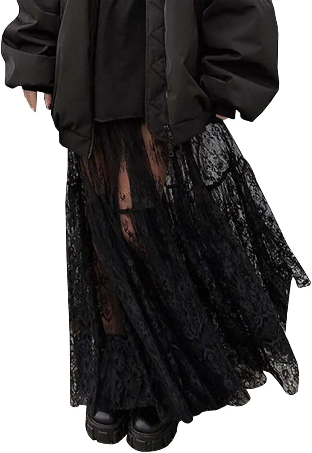 Women Floral Tassels Sheer Mesh Maxi Long Skirt High Elastic Waisted Skirt Summer Beach Bikini Cover Up Black
