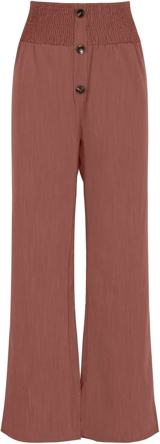 Women Flowy Palazzo Pants Cotton Linen Wide Leg Pant Long Lounge Beach Slacks Smocked High Waist Button Trousers