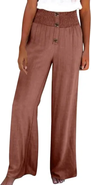 Women Flowy Palazzo Pants Cotton Linen Wide Leg Pant Long Lounge Beach Slacks Smocked High Waist Button Trousers