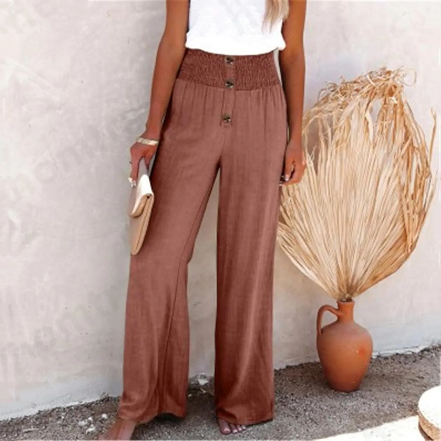 Women Flowy Palazzo Pants Cotton Linen Wide Leg Pant Long Lounge Beach Slacks Smocked High Waist Button Trousers