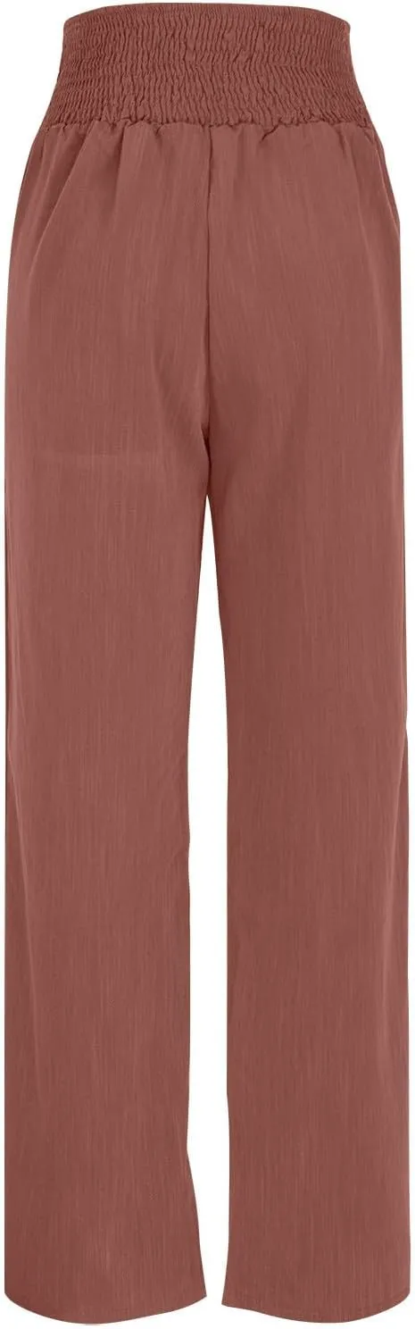 Women Flowy Palazzo Pants Cotton Linen Wide Leg Pant Long Lounge Beach Slacks Smocked High Waist Button Trousers