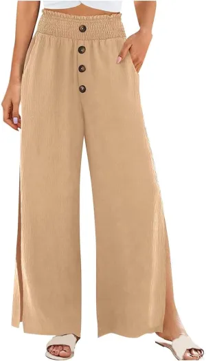 Women High Waist Button Wide Leg Pants with Pocket Split Trousers Solid Colour Vintage Fashion Boho Casual Pant