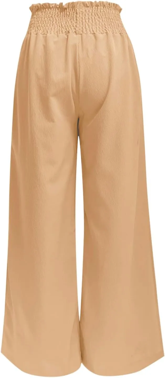Women High Waist Button Wide Leg Pants with Pocket Split Trousers Solid Colour Vintage Fashion Boho Casual Pant