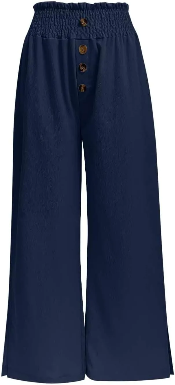Women High Waist Button Wide Leg Pants with Pocket Split Trousers Solid Colour Vintage Fashion Boho Casual Pant
