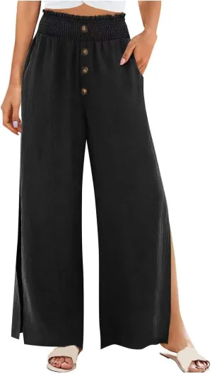 Women High Waist Button Wide Leg Pants with Pocket Split Trousers Solid Colour Vintage Fashion Boho Casual Pant