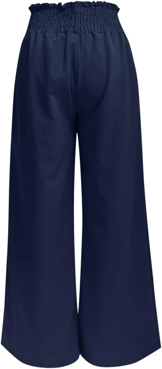 Women High Waist Button Wide Leg Pants with Pocket Split Trousers Solid Colour Vintage Fashion Boho Casual Pant