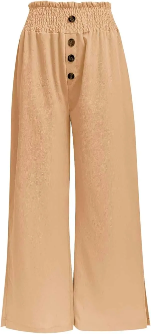 Women High Waist Button Wide Leg Pants with Pocket Split Trousers Solid Colour Vintage Fashion Boho Casual Pant