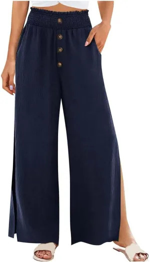 Women High Waist Button Wide Leg Pants with Pocket Split Trousers Solid Colour Vintage Fashion Boho Casual Pant