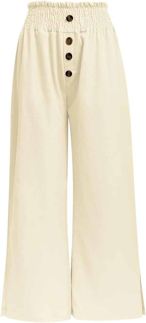 Women High Waist Button Wide Leg Pants with Pocket Split Trousers Solid Colour Vintage Fashion Boho Casual Pant