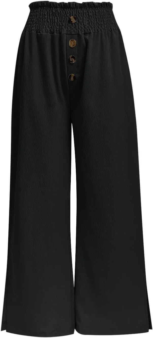 Women High Waist Button Wide Leg Pants with Pocket Split Trousers Solid Colour Vintage Fashion Boho Casual Pant