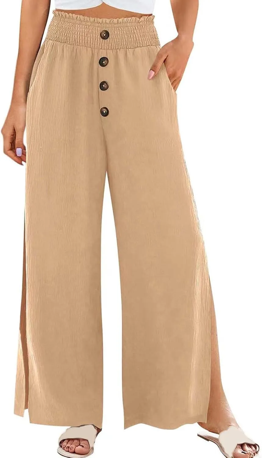 Women High Waist Button Wide Leg Pants with Pocket Split Trousers Solid Colour Vintage Fashion Boho Casual Pant