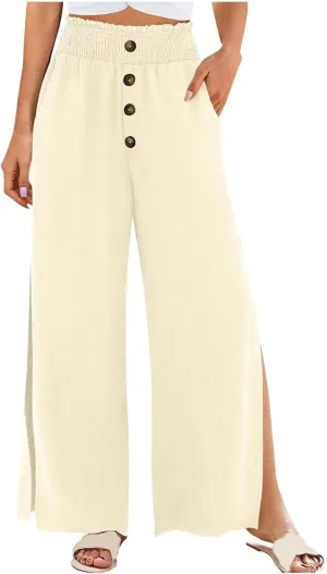 Women High Waist Button Wide Leg Pants with Pocket Split Trousers Solid Colour Vintage Fashion Boho Casual Pant