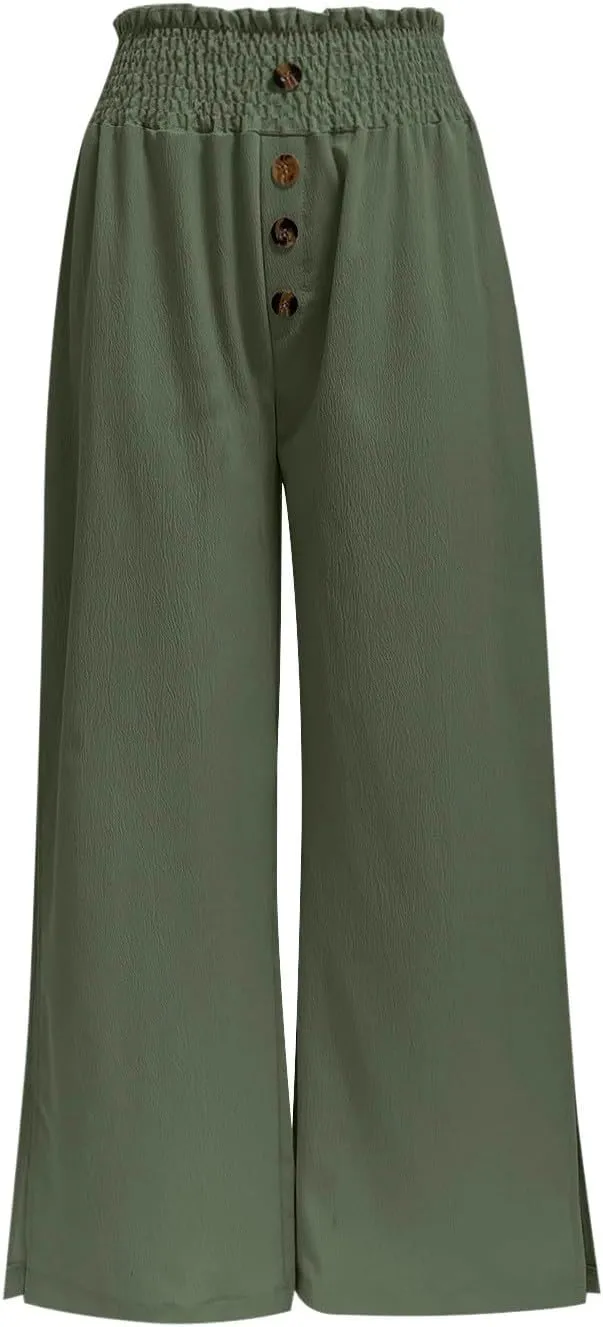 Women High Waist Button Wide Leg Pants with Pocket Split Trousers Solid Colour Vintage Fashion Boho Casual Pant