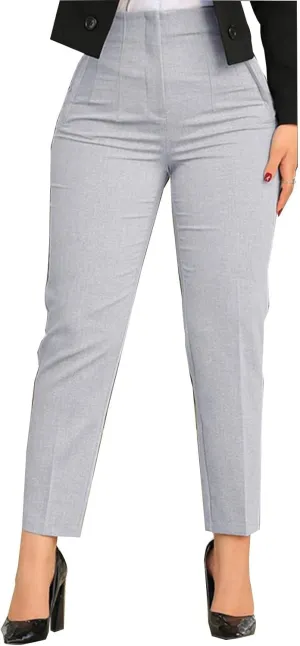 Women High Waist Cropped Work Pants Solid Zipper Trouser Pant Casual Baggy Elastic Waist Trouser Wide Leg Pant with